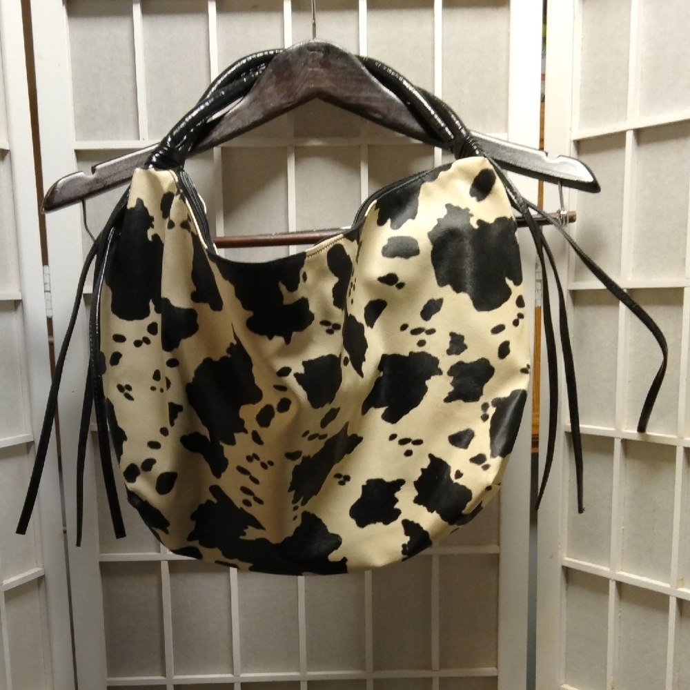 Black and Cream Hobo Shoulder Bag with Cow Print